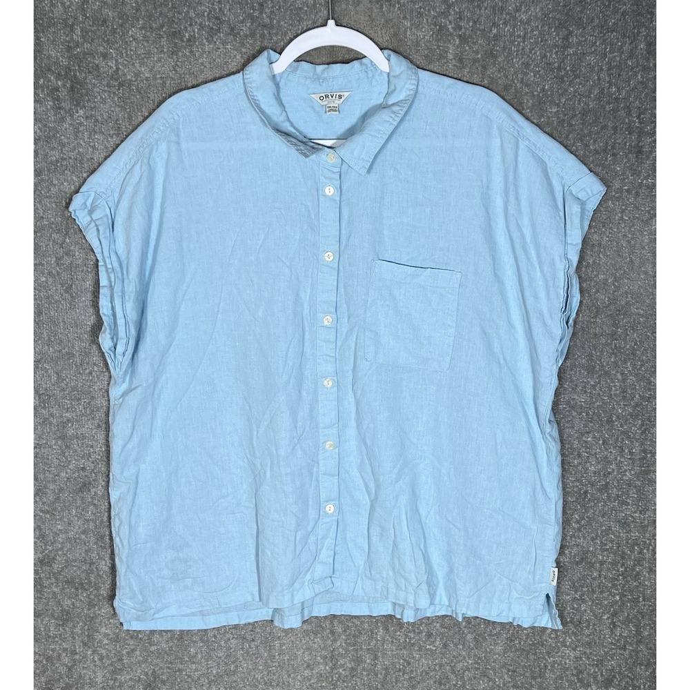 Orvis Button Up Top Womens Sz XXL Blue Chest Pocket Cuffed Short Sleeve Coastal